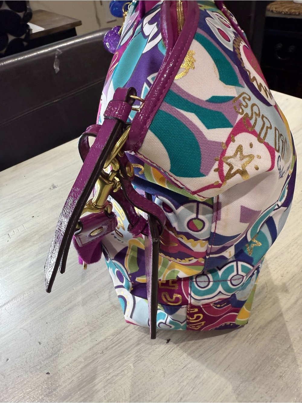 Coach Multicolor Poppy Graffiti Signature Weekend Tote with Fuchsia Straps-NWOT - Picture 7 of 16